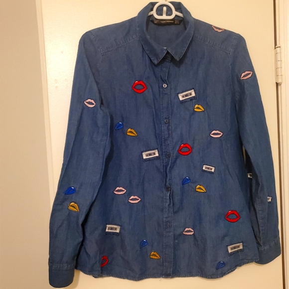 Y2k Zara Denim Shirt with Cassettes and Lips - Picture 2 of 5